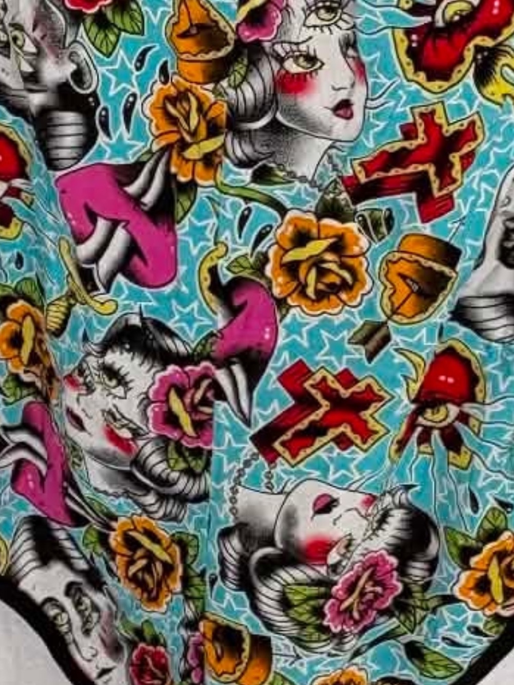 Retro Tattoo Print Lace Trim Cami Dress - Turquoise Multicolor - Picture 3 of 4